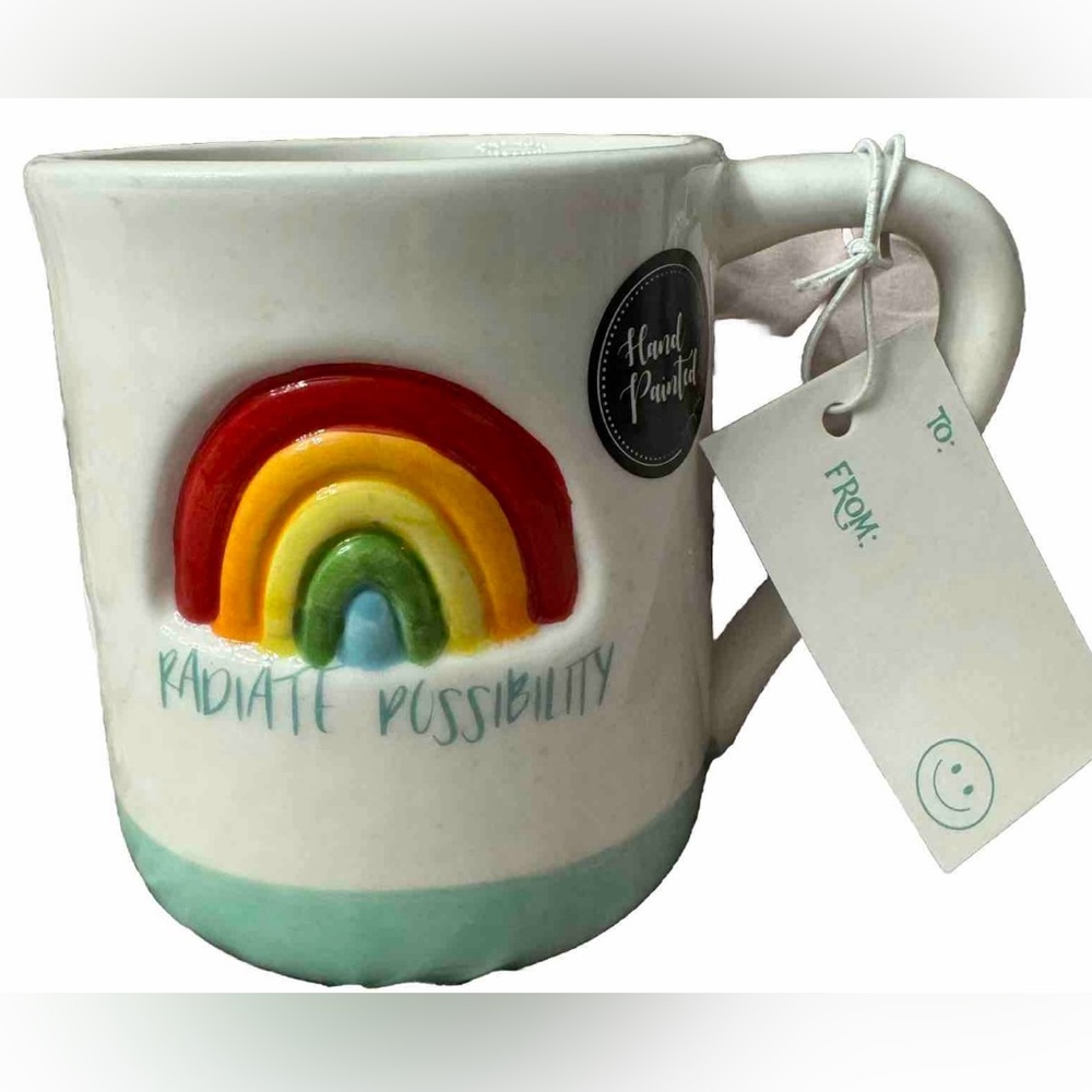 COFFEE MUG WITH HANDPAINTED RAINBOW “RADIATE POSSIBILITY”